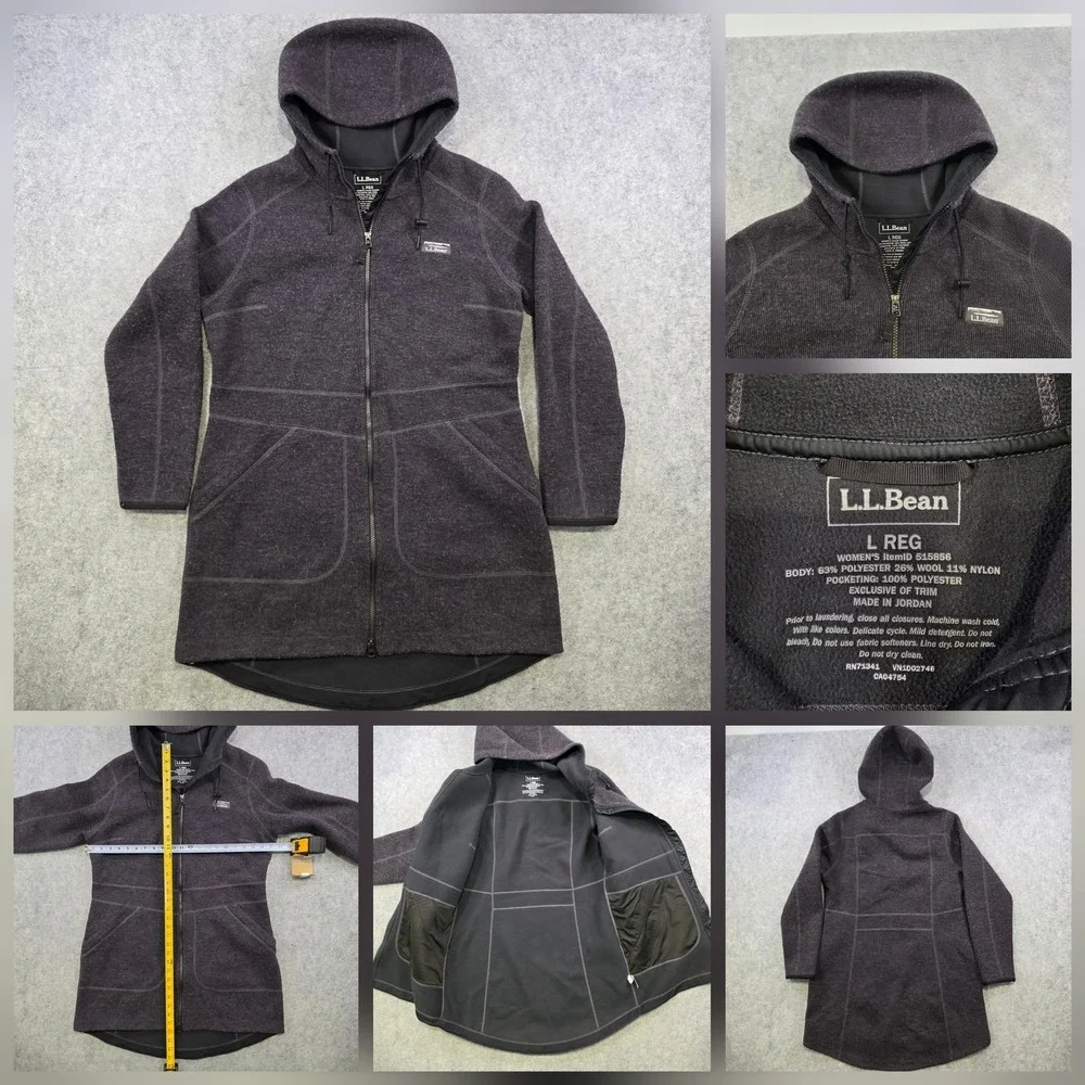 L.L.Bean Wooltek Coat Womens L Gray Wool Blend Fleece Hooded Full Zip Mid Length